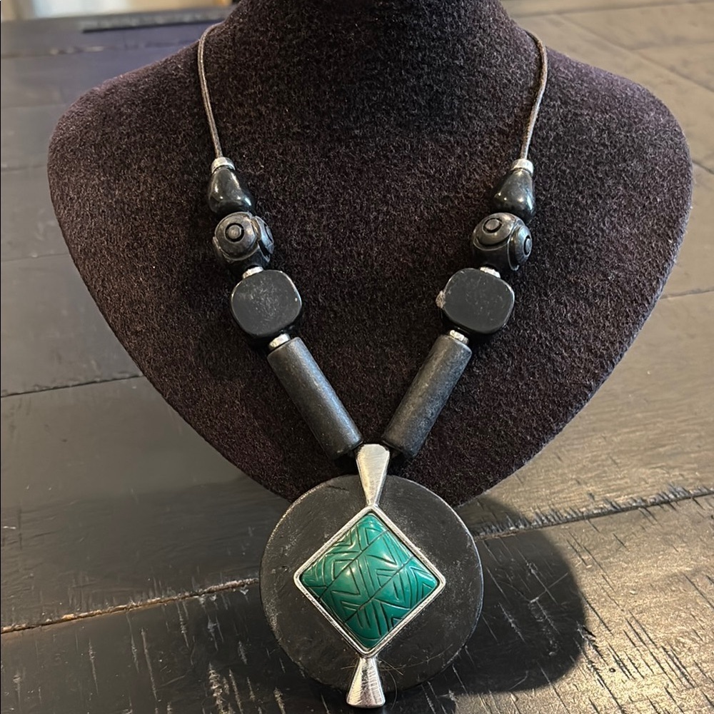 Chico’s Black Silver Dark Turquoise Pendant Necklace Boho Western​